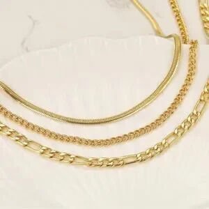 14K Gold Plated 3pc Chain Herringbone Necklace Set